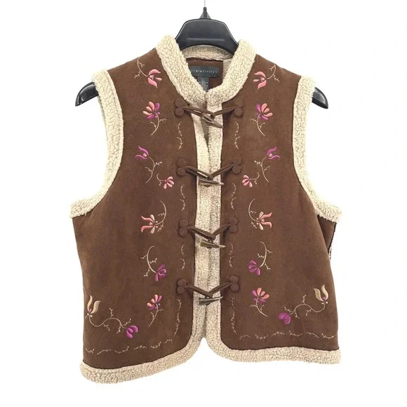 Relativity Womens Large Pre-Owned Faux Suede Brown Embroidered Sherpa Lined Vest - Picture 1 of 17